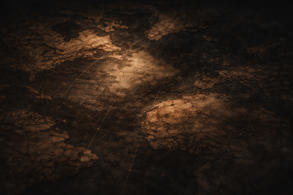 خريطة مظلمة مضاءة بضوء خافت تخلق أجواء رعب نفسي وغموض