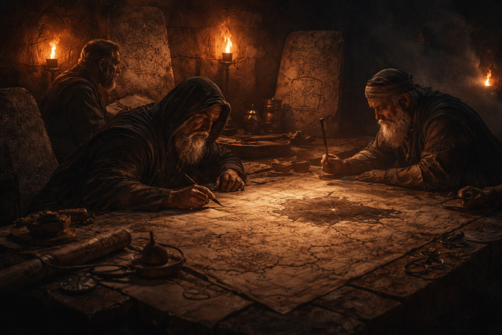رسامو خرائط من حضارة قديمة يعملون على خرائط غامضة على ضوء المشاعل