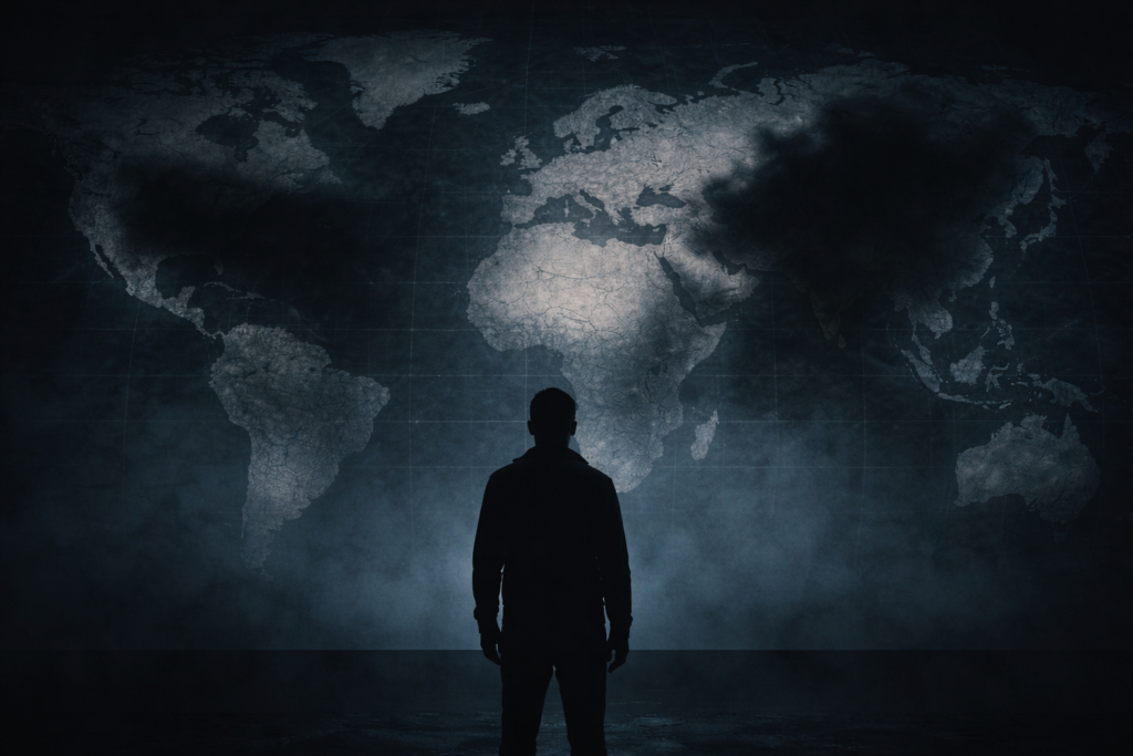 ظل إنسان يقف أمام خريطة عالم ضخمة تهيمن عليها مناطق مظلمة مجهولة
