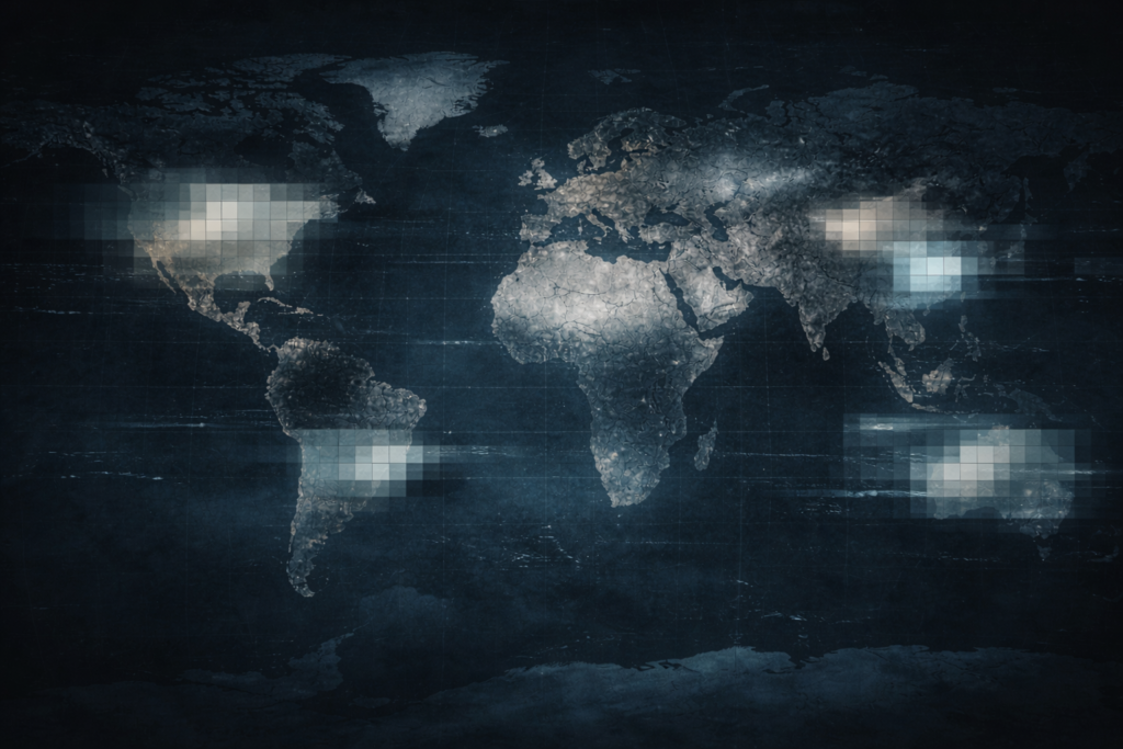 خريطة رقمية حديثة تحتوي على مناطق مطموسة ومشوشة توحي بالرقابة والغموض