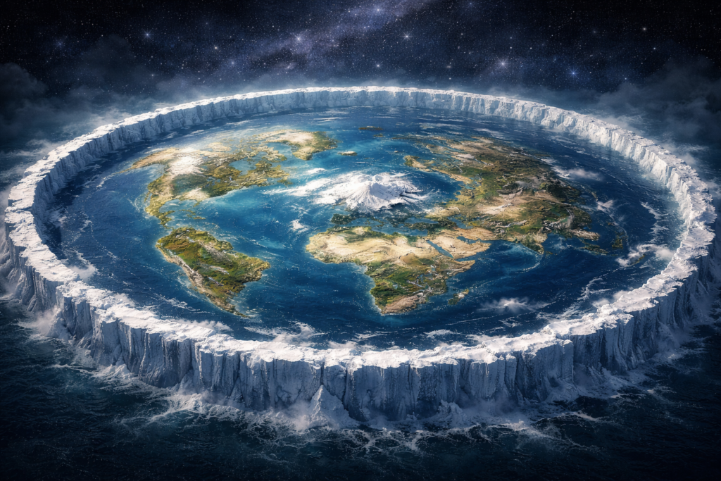 خريطة الأرض المسطحة بنموذج الإسقاط المتساوي مع القطب الشمالي في المركز