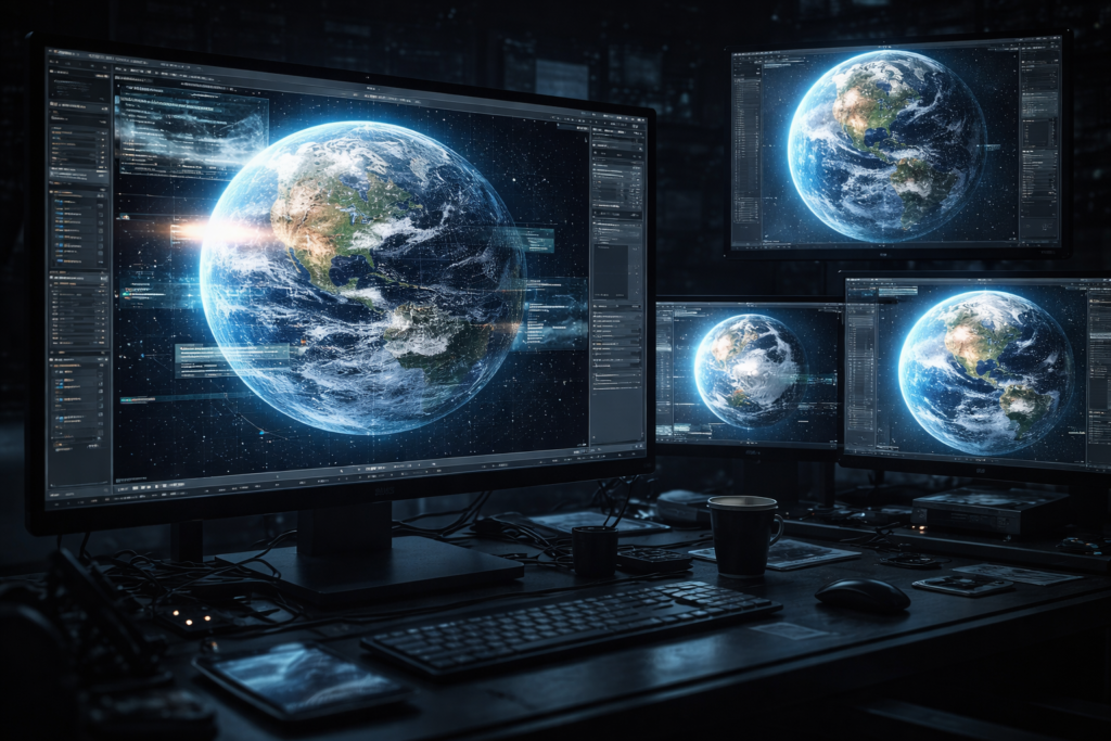 شاشات تعرض صوراً متعددة للأرض مع طبقات رقمية ومحاكاة بصرية