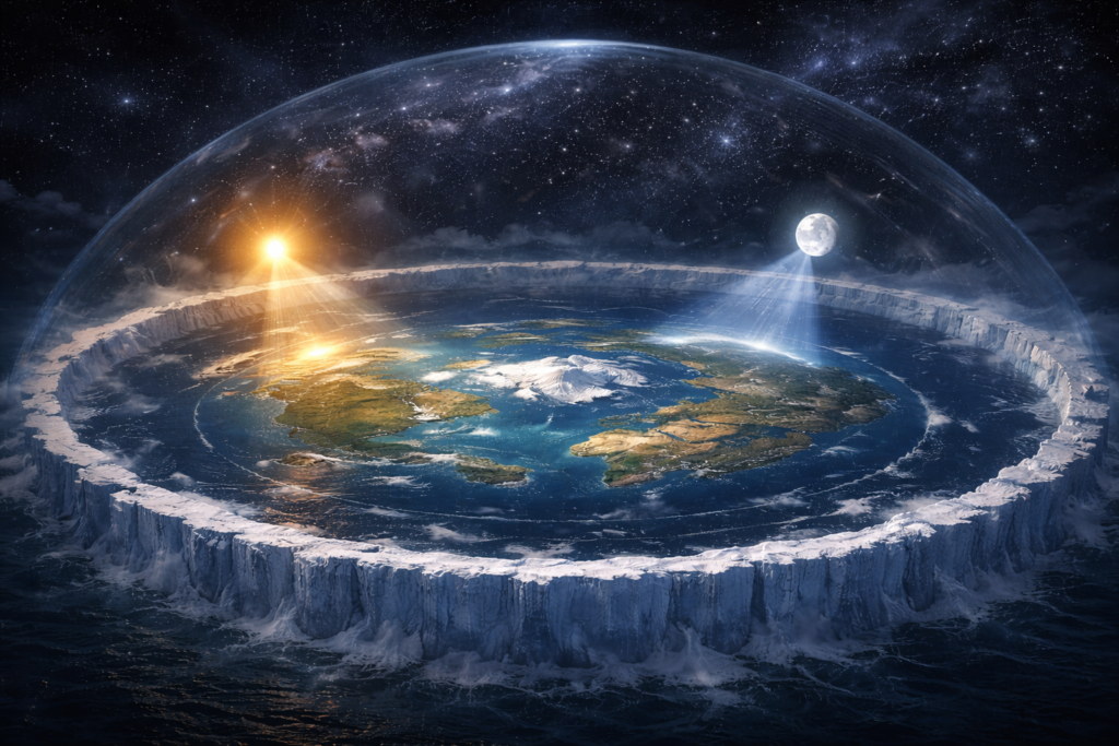 الشمس والقمر يدوران فوق أرض مسطحة داخل قبة سماوية