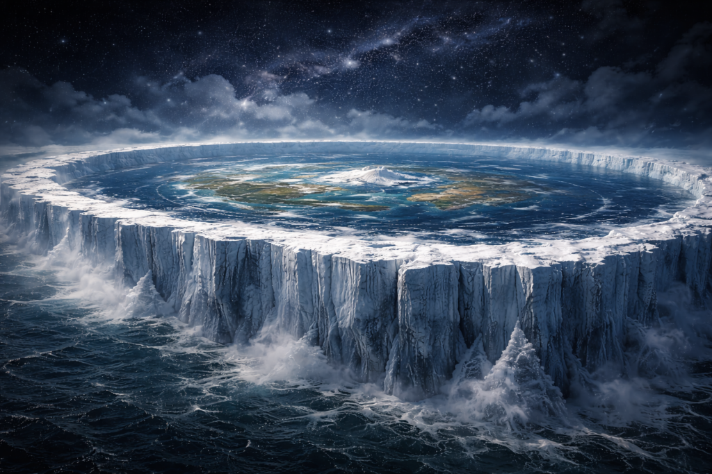 جدار جليدي ضخم يحيط بحواف الأرض المسطحة في أجواء قطبية