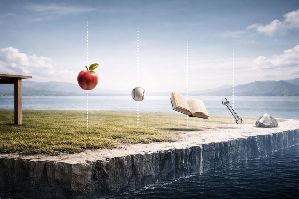 أجسام تسقط عمودياً فوق سطح أرض مسطحة في تصور بديل للجاذبية