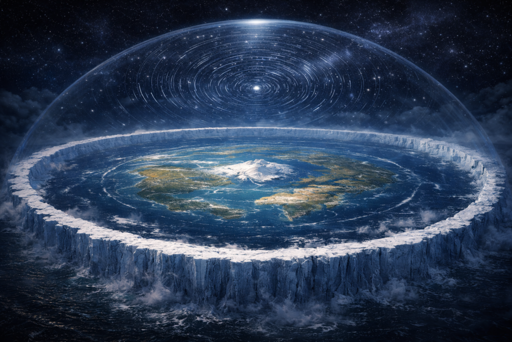 قبة سماوية شفافة تحتوي النجوم بحركة دائرية فوق أرض مسطحة