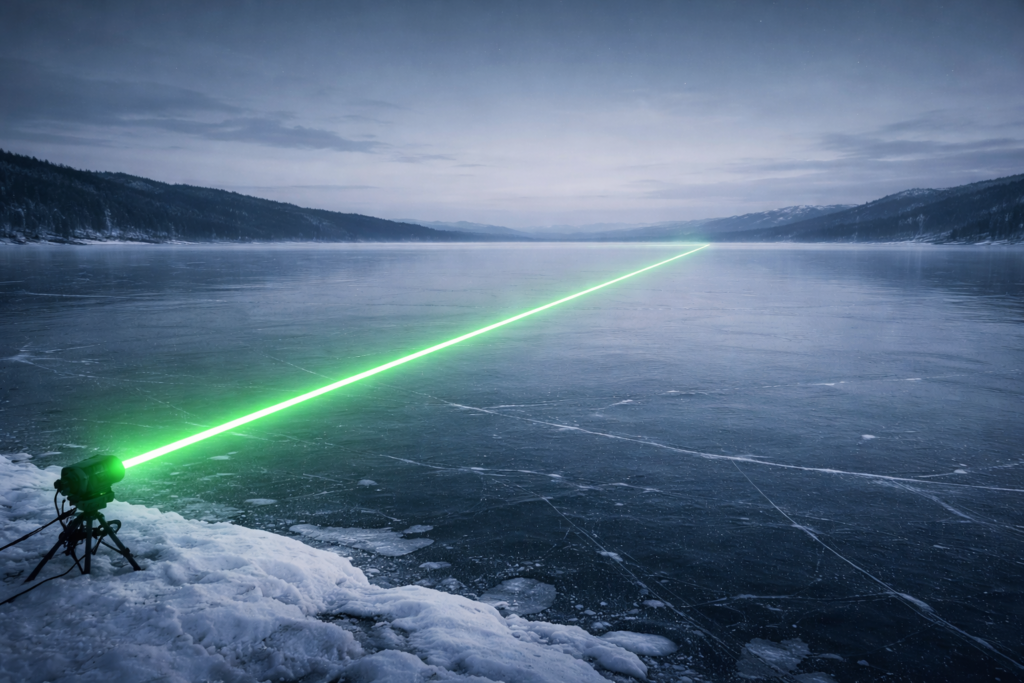 شعاع ليزر مستقيم يمتد عبر بحيرة متجمدة لمسافة طويلة