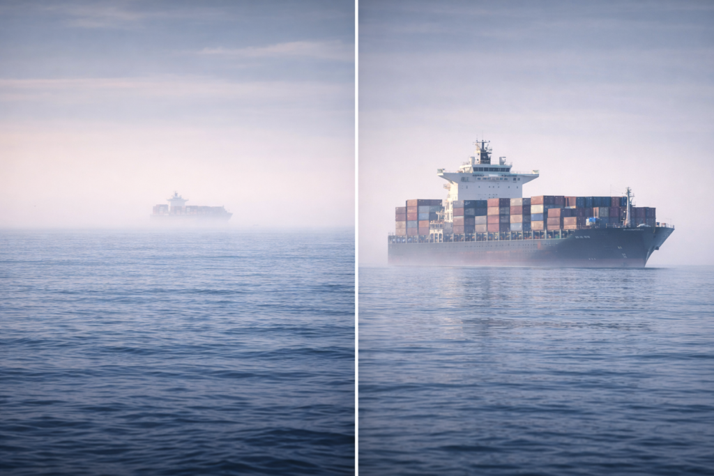 سفينة بعيدة تختفي في الضباب ثم تظهر بوضوح عند التكبير البصري