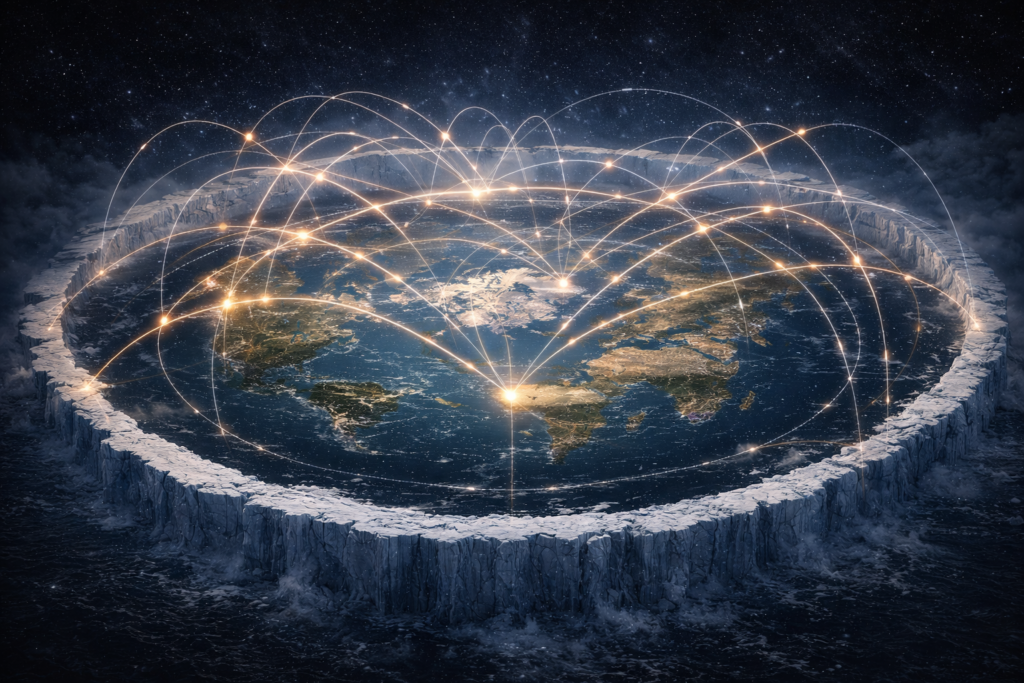 مسارات رحلات جوية مضيئة فوق خريطة الأرض المسطحة