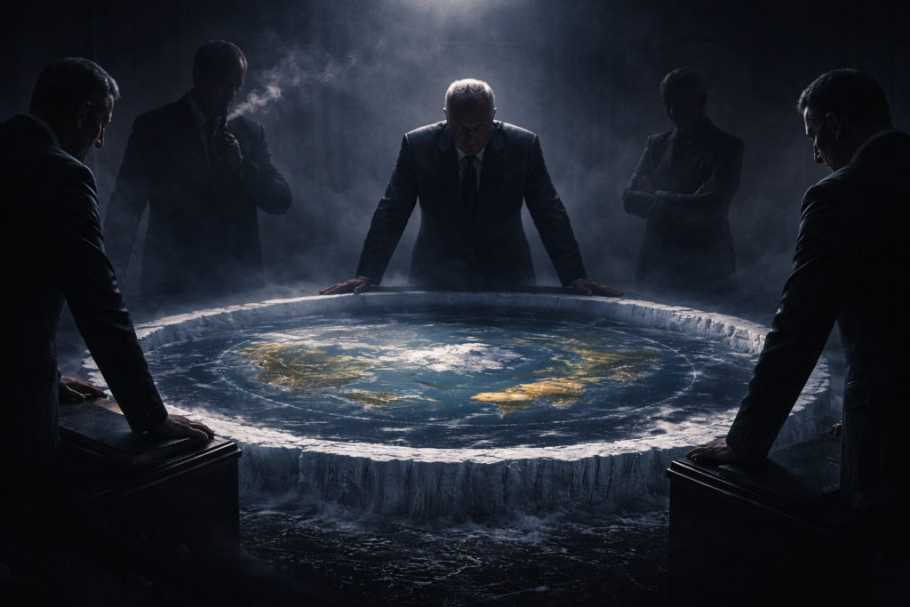 شخصيات غامضة تراقب نموذج الأرض المسطحة في غرفة مظلمة