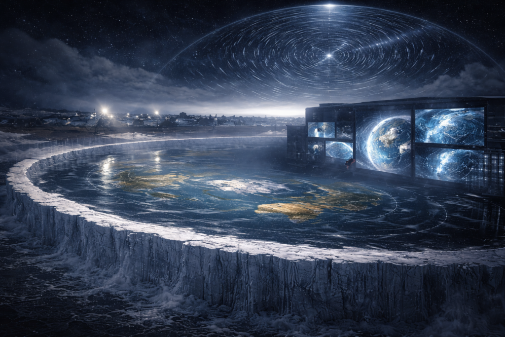 تصوّر بصري لردود أنصار نظرية الأرض المسطحة يشمل الجدار الجليدي والقبة السماوية وتشكيكهم في صور الأقمار الصناعية