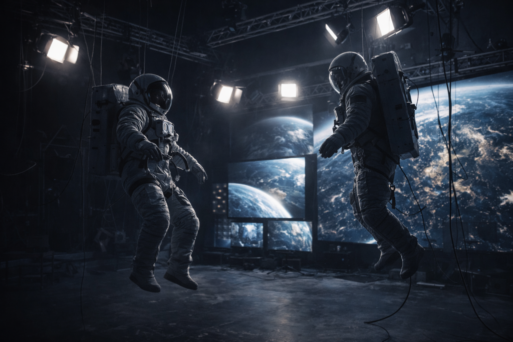 روّاد فضاء داخل بيئة محاكاة منعدمة الجاذبية مع تجهيزات تصوير وشاشات تعرض الأرض
