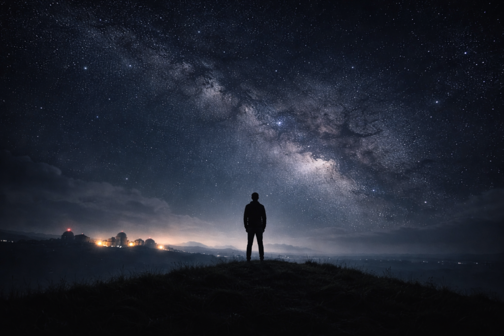 شخص يقف ليلاً متأملاً السماء المرصعة بالنجوم في مشهد يعبّر عن البحث الإنساني عن المعنى والمعرفة