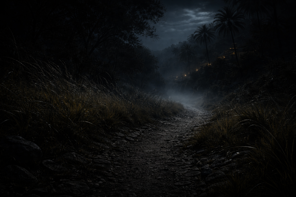 طريق ريفي مظلم يرمز لظهور أسطورة عايشة قنديشة والخوف من المجهول