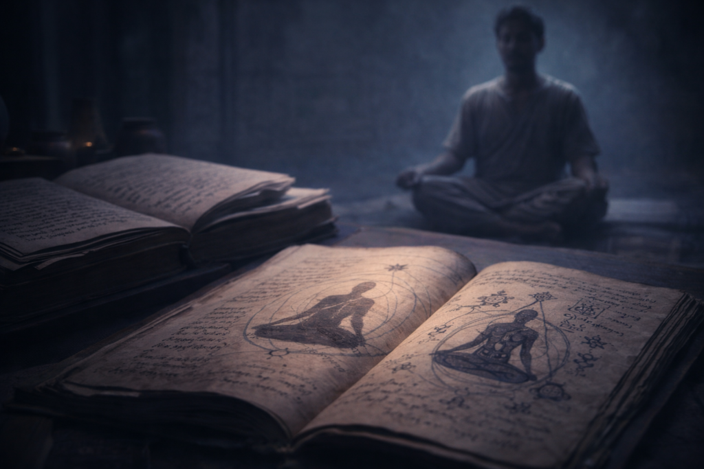 الإسقاط النجمي في الفلسفات القديمة مخطوطات قديمة ورسومات رمزية للوعي مع شخصية متأملة في الخلفية