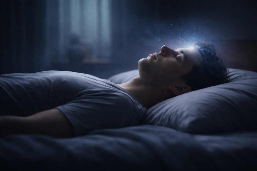 حالة الوعي بين النوم واليقظة شخص في حالة استرخاء عميق مع إضاءة خفيفة حول الرأس ترمز لنشاط ذهني