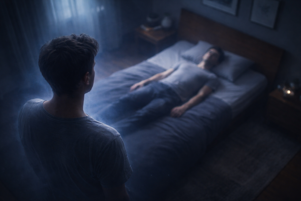 تجربة الخروج من الجسد مشهد واقعي لشخص يراقب جسده من منظور مرتفع داخل غرفة هادئة