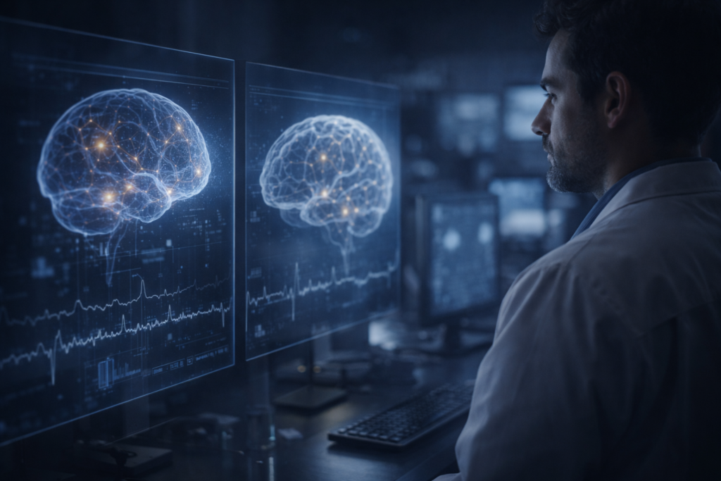 الوعي البشري تحت المجهر العلمي عالم أعصاب يراقب صور دماغ شفافة ونشاطًا عصبيًا في مختبر حديث