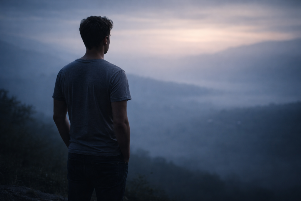 فضول الإنسان واستكشاف الوعي شخص يقف وحيدًا أمام أفق واسع في وضعية تأمل وبحث عن المعنى