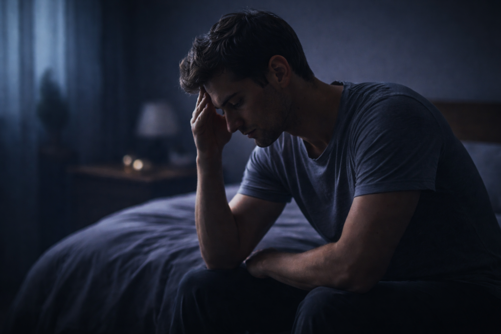 الحدود النفسية للتجارب الذهنية شخص جالس في إضاءة خافتة يمسك رأسه بتأمل يعكس توترًا نفسيًا هادئًا