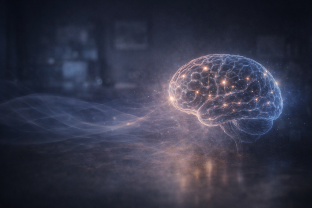 التوازن بين التفسير العلمي والمعنى الرمزي دماغ بشري مدمج بأنماط ضوئية هادئة ترمز للتوازن بين العلم والرمزية