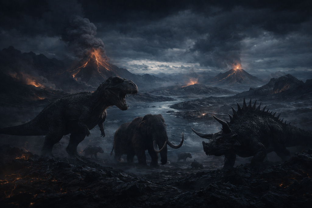 الكائنات العملاقة قبل ظهور الإنسان كائنات عملاقة من عصور ما قبل التاريخ تتجول في بيئة بركانية مظلمة