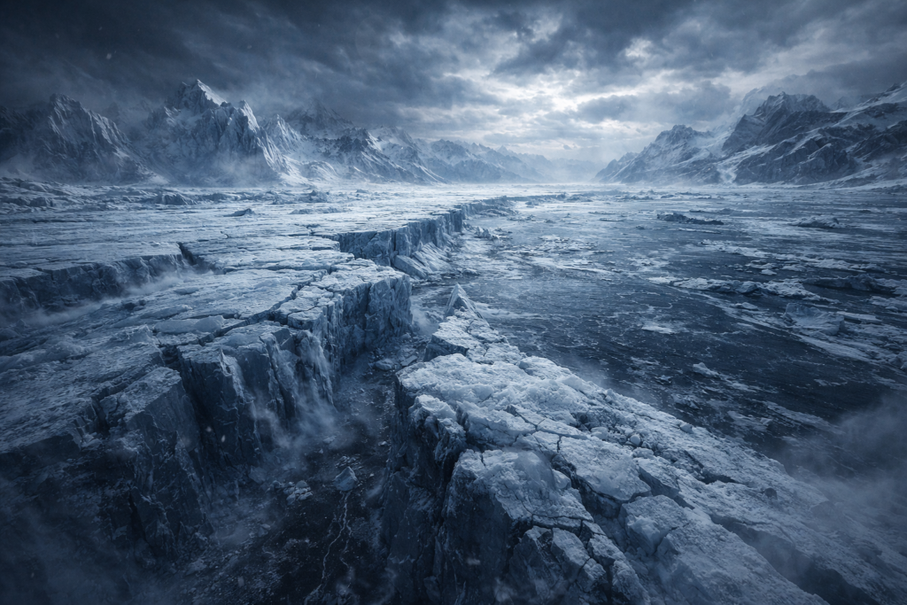 العصور الجليدية وتأثيرها على تضاريس الأرض قارة متجمدة خلال عصر جليدي قديم مع أنهار جليدية متشققة