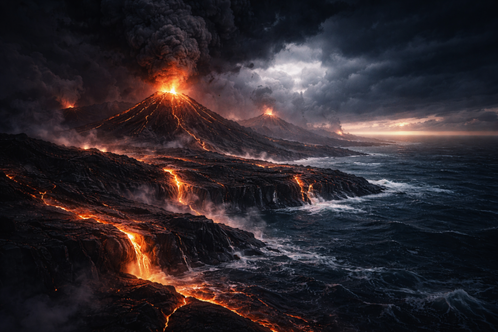 البراكين ودورها في تشكيل سطح الأرض ثوران بركاني هائل يشكل أراضي جديدة مع تدفق الحمم نحو المحيط