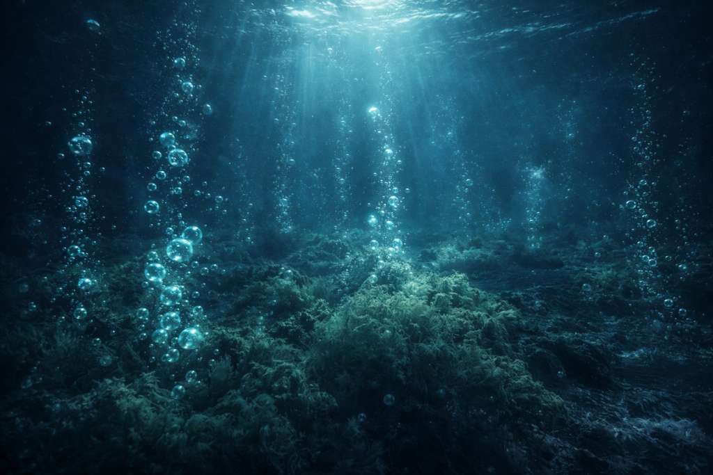 بداية الأوكسجين في الغلاف الجوي للأرض محيط بدائي مليء بالطحالب القديمة وفقاعات أوكسجين متصاعدة