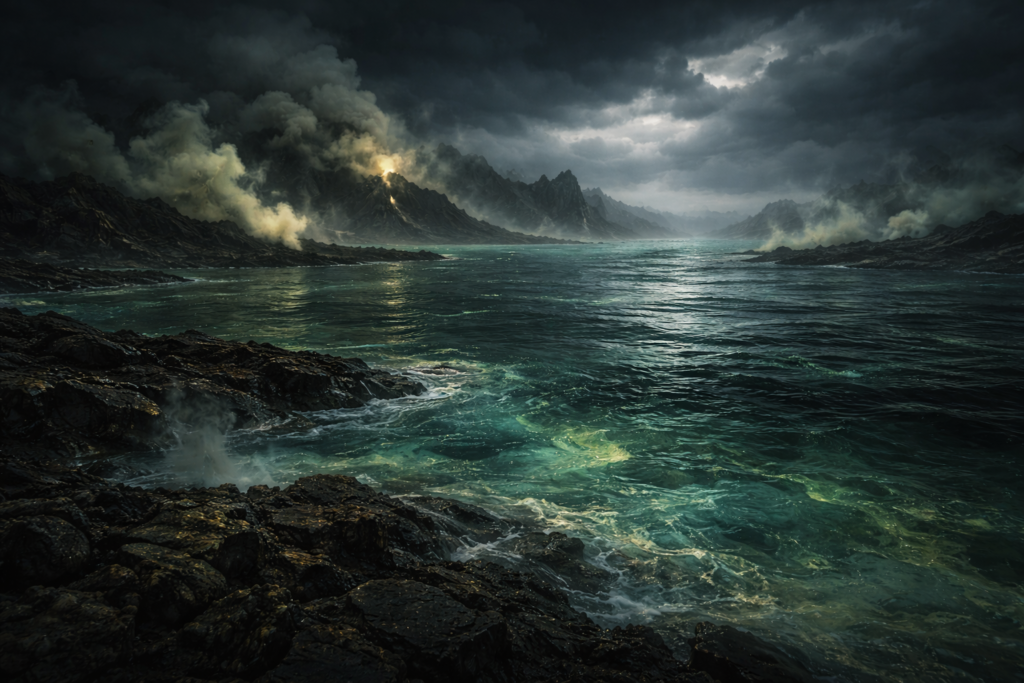 البحار السامة في تاريخ الأرض القديم بحر قديم سام بألوان معدنية خضراء وزرقاء مع أبخرة كبريتية