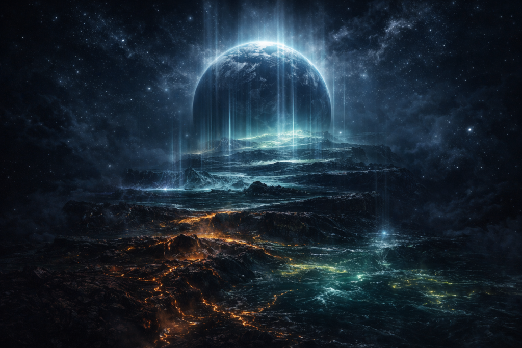 مراحل تطور الأرض عبر الزمن الجيولوجي طبقات جيولوجية متوهجة ترمز لمراحل تطور الأرض نحو ظهور الإنسان