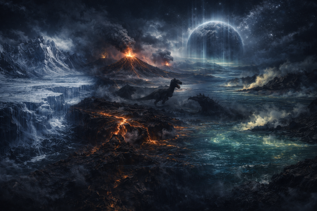 تحولات الأرض عبر العصور الجيولوجية مشهد مركب يجمع براكين وجليد وبحار قديمة يعكس تقلب العصور الجيولوجية