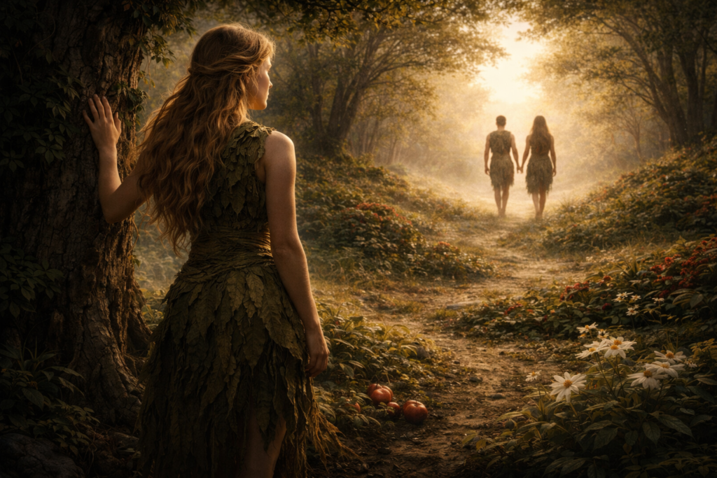 انفصال ليليث عن آدم وحواء في جنة عدن ليليث تقف بجانب شجرة قديمة تراقب آدم وحواء من الخلف وهما يبتعدان نحو النور داخل غابة عدنية.