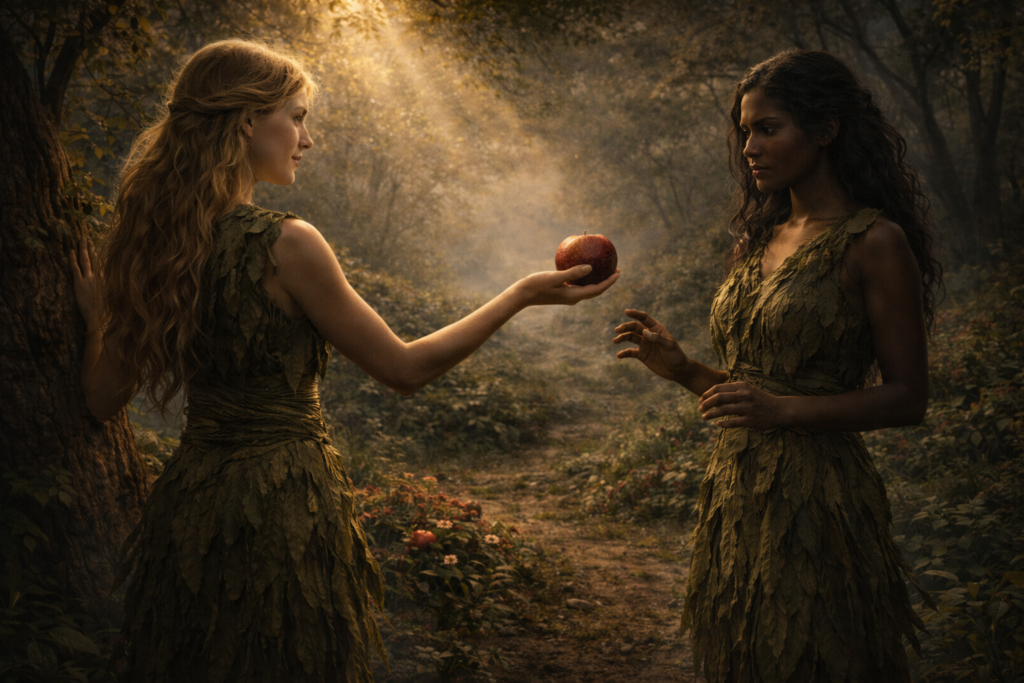 لحظة الإغواء بين ليليث وحواء ليليث الشقراء تمد يدها بفاكهة محرمة نحو حواء السمراء المترددة داخل غابة عدنية.