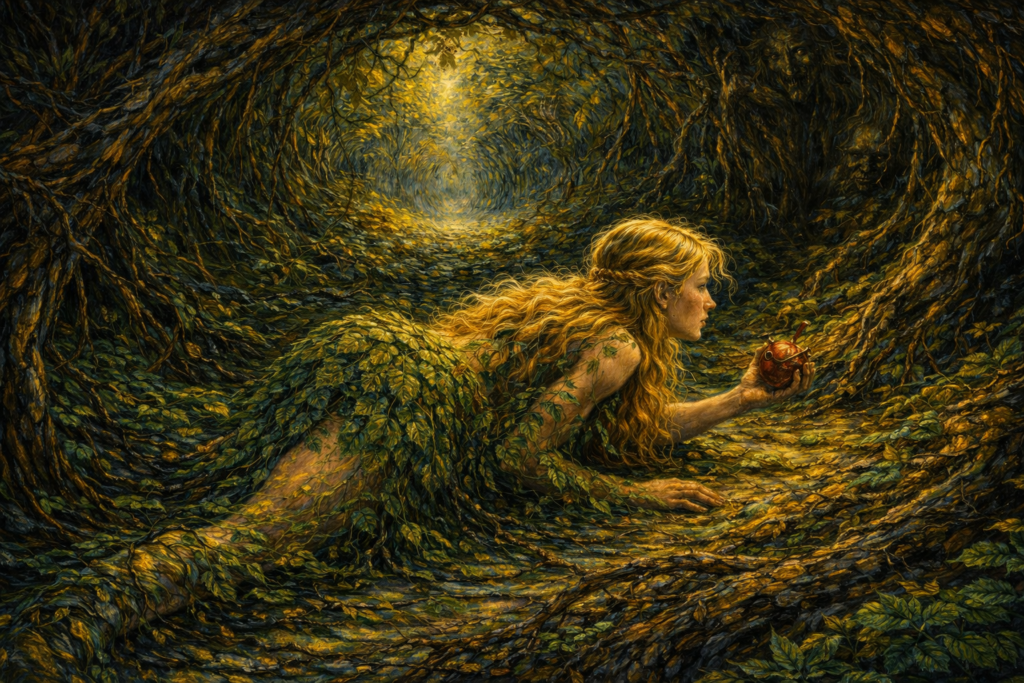 ليليث المتماهية مع الطبيعة – رؤية فان غوخية ليليث تزحف داخل نفق غابي كثيف، مموّهة بأوراق الشجر، بأسلوب فني مستوحى من فان غوخ.