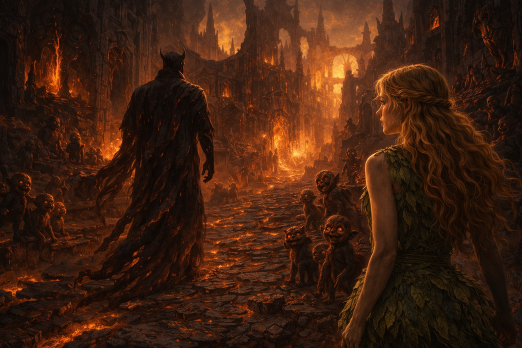 دخول ليليث إلى مدينة الشياطين ليليث الشقراء تدخل مدينة الشياطين خلف كيان مظلم يشبه إبليس، بينما يراقبها صغار الشياطين بفضول.