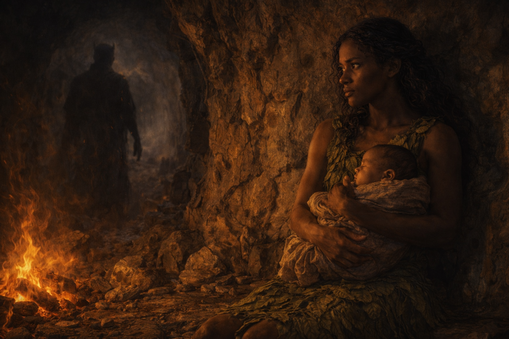 حواء والطفل في مواجهة التأثير الخفي حواء السمراء تحتضن طفلها داخل كهف بدائي، بينما يراقبها ظل غامض من بعيد.