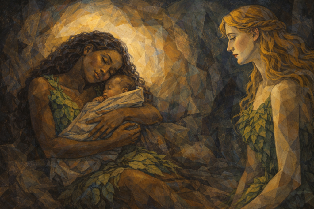 ليليث وحواء – مشهد أمومة ووعي بأسلوب بيكاسو حواء السمراء نائمة تحتضن طفلها داخل كهف، بينما تراقبها ليليث الشقراء في لوحة تكعيبية.