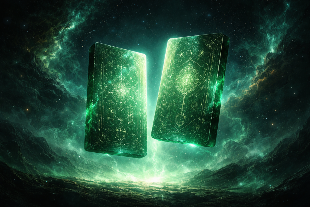 ألواح الزمرد العائمة في فضاء كوني مظلم ترمز إلى الحكمة القديمة والمعرفة الأولى