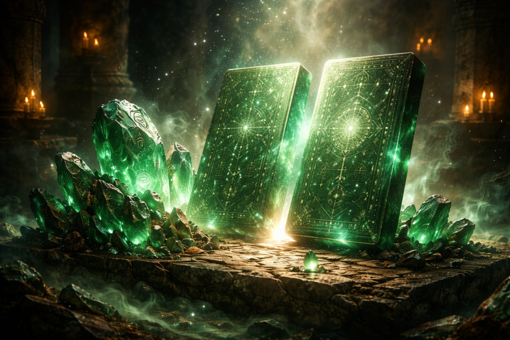 بلورات زمرد خام تتحول إلى ألواح حجرية متوهجة في مشهد طقوسي قديم