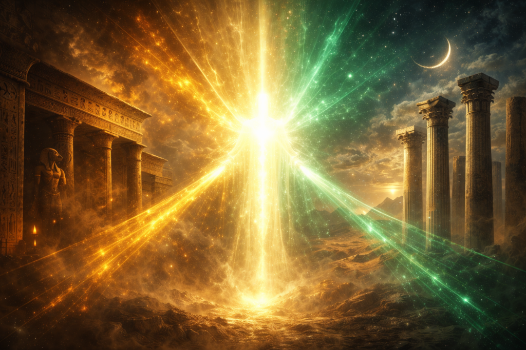 نور إلهي مشع يربط بين معابد مصر القديمة والأعمدة الإغريقية وصحراء الشرق القديم