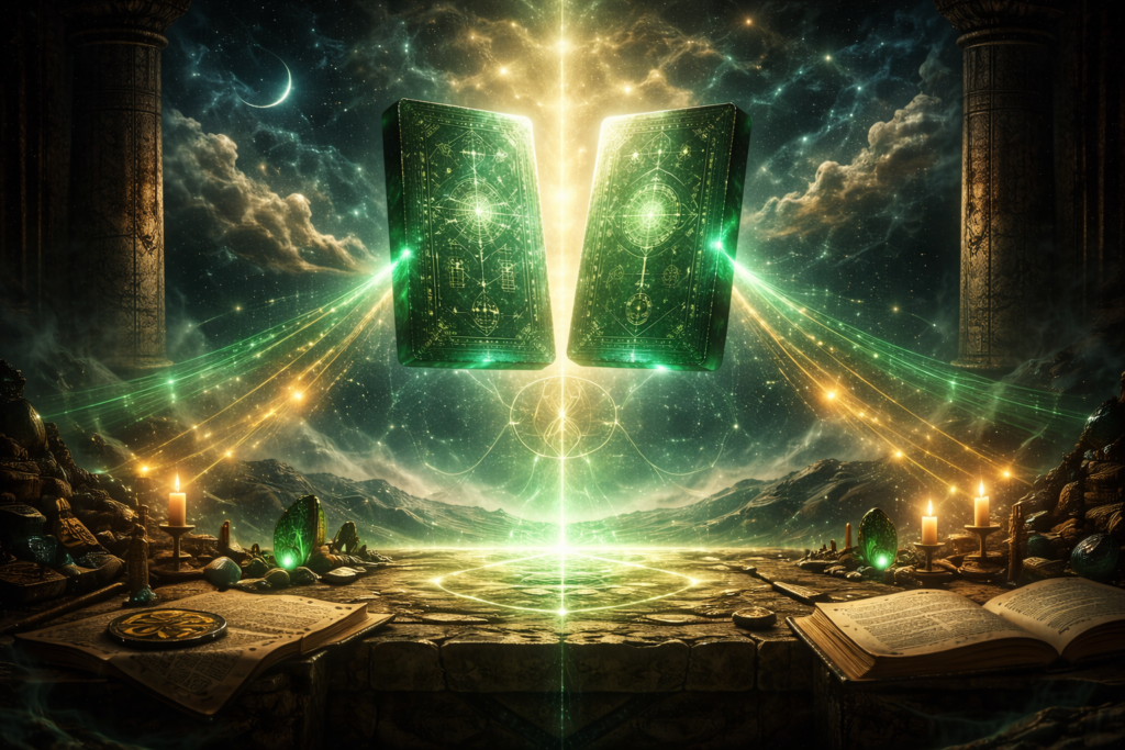 ألواح زمردية معلقة فوق مذبح حجري تبث رموزًا كونية وخيميائية