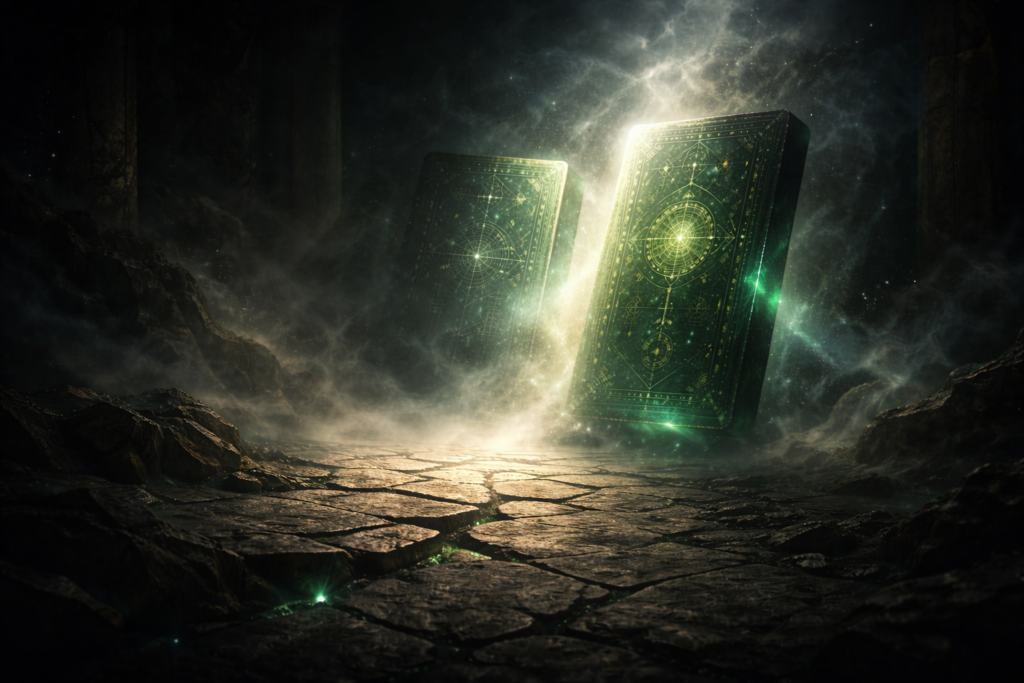 ألواح زمردية شبه مخفية وسط ضباب وأرض متشققة ترمز للشك والحقيقة