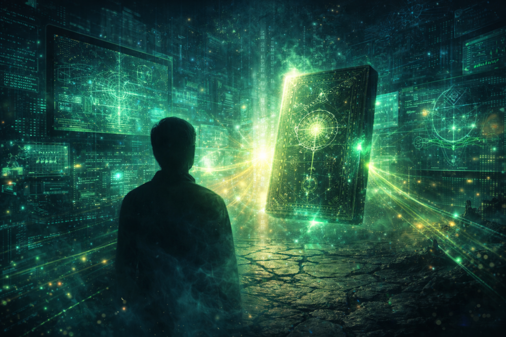 اندماج رموز قديمة مع عالم رقمي حديث ونور زمردي يعبر عن الحكمة الخالدة