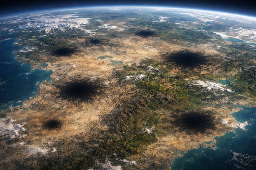 خريطة عالمية تُظهر بقعًا سوداء غامضة موزعة عبر مناطق نائية وصحراوية