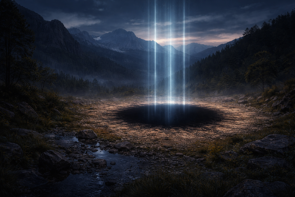 موقع طبيعي ناءٍ يحتوي على دائرة مظلمة ينبعث منها ضوء خافت نحو السماء