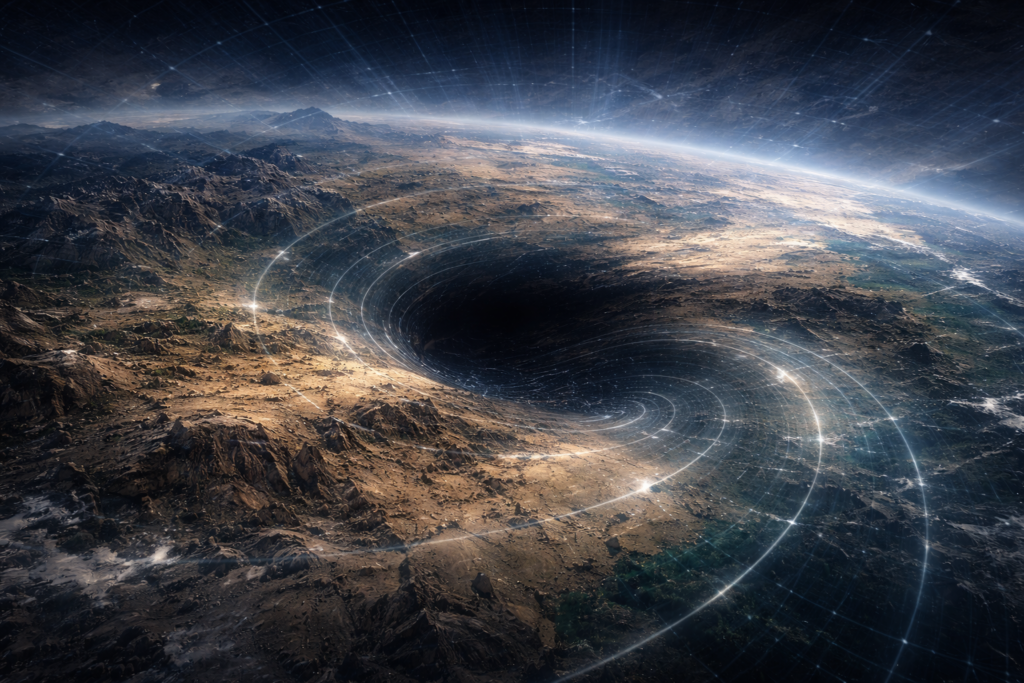 تشوّه بصري في تضاريس الأرض يوحي بانحناء الزمكان حول نقطة مظلمة