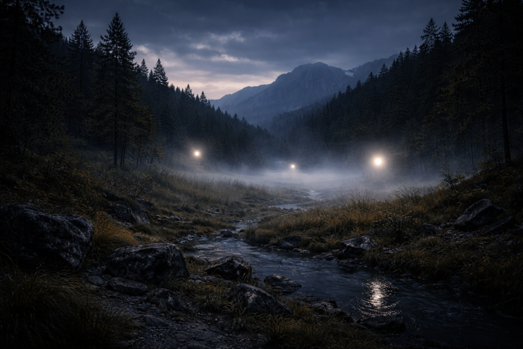 منظر طبيعي ضبابي تظهر فيه كرات ضوئية غامضة في بيئة نائية