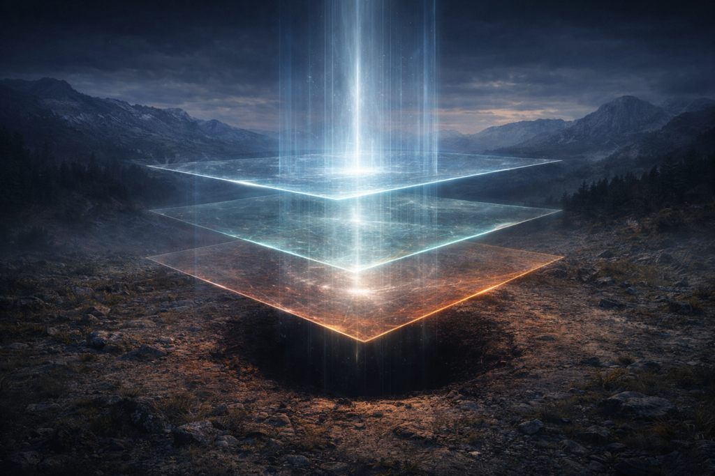 طبقات شفافة متعدّدة تمثل أبعادًا مختلفة فوق نقطة مظلمة على الأرض