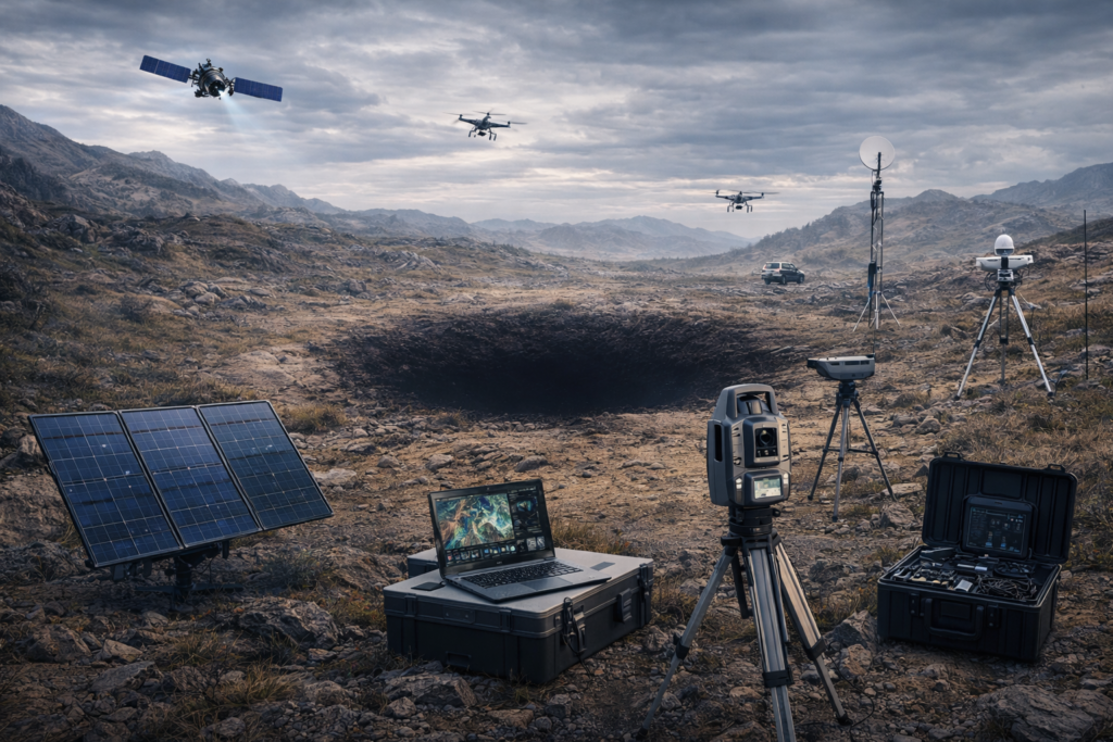 معدات مسح علمي وطائرات مسيّرة تفحص منطقة وعرة غير مستكشفة